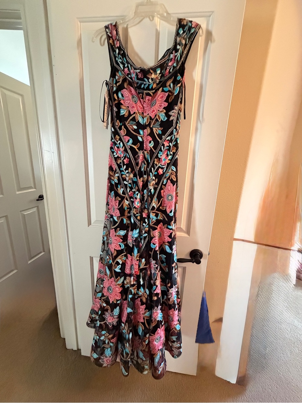 Neiman Marcus Black Maxi Dress with Pink and Turquoise Floral Embroidery